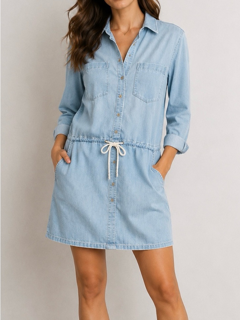 MOTHER The Shirt Dress Sweet Me Off My Feet Light Wash Denim Chambray Dress